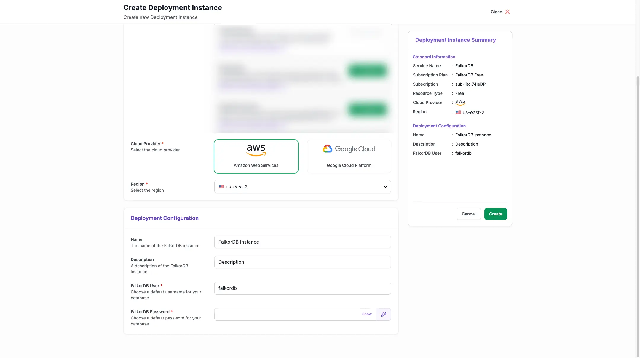 Creating an instance with FalkorDB - selecting a cloud provider